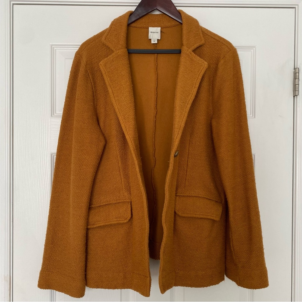 Anthropologie Maeve Textured Single Button Relaxed Blazer - Mustard Brown Size L - Picture 8 of 17